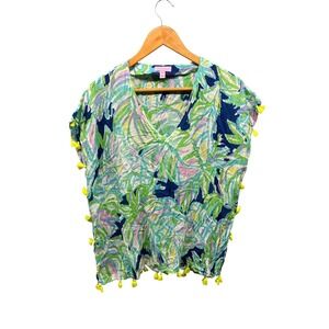 Lilly Pulitzer Top Blouse Women's S/M Multicolor‎ Print Tassel Trim Boho V-Neck
